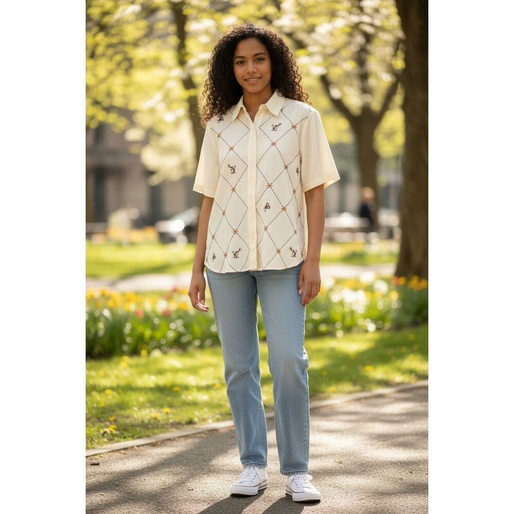 Alfred‎ Dunner Embroidered Button-Up Top Whimsical Monkey Floral Details 10P NWT